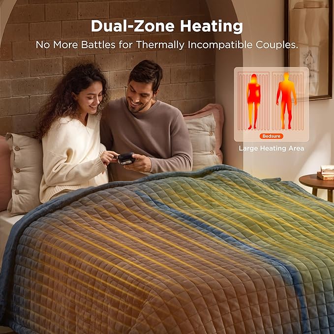 Bedsure Electric Blanket Queen Size - Dual Control Heated Blanket Queen with 10 Heat Settings, Thick Heating Blanket with 10 Time Settings, Fast Heating Quilted Blanket (84x90 inches, Bering Sea)