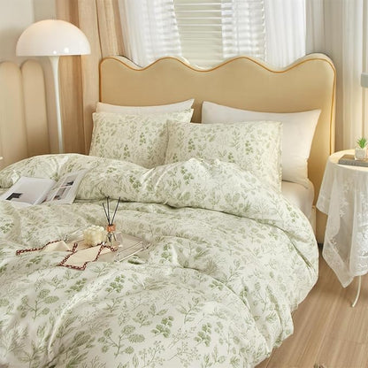 mixinni 3pcs Floral Comforter Set Full Size, Boho Green Flowers Leaves Cute Bedding Comforter Sets for Women, 1 Soft Fluffy Botanical Comforter and 2 Pillowcases for All Seasons