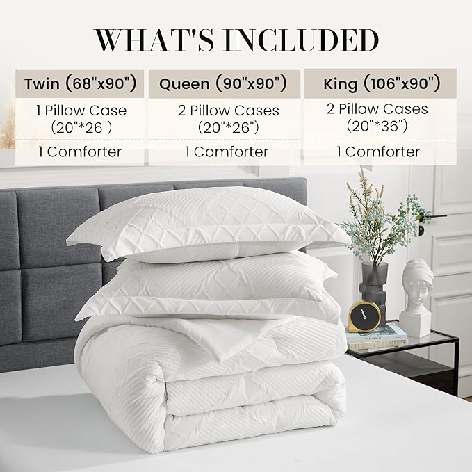 Amélie Home King Comforter Set, 3 Piece White Jacquard Bedding Set with 2 Pillow Cases, Soft Microfiber Diamond Design, Lightweight All-Season for Bedroom & Dorm