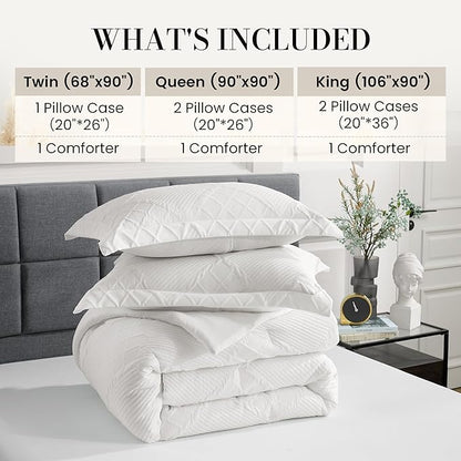 Amélie Home Queen Comforter Set, 3 Piece White Jacquard Bedding Set with 2 Pillow Cases, Soft Microfiber Diamond Design, Lightweight All-Season for Bedroom & Dorm