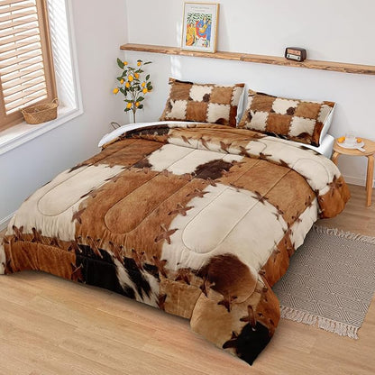 MOVE OVER Western Cowboy Comforter Set King Size Brown Cowhide Comforter Set 4 Pieces Animal Fur Bedding Set Soft Microfiber Cow Printed Bedding Sets for All Season