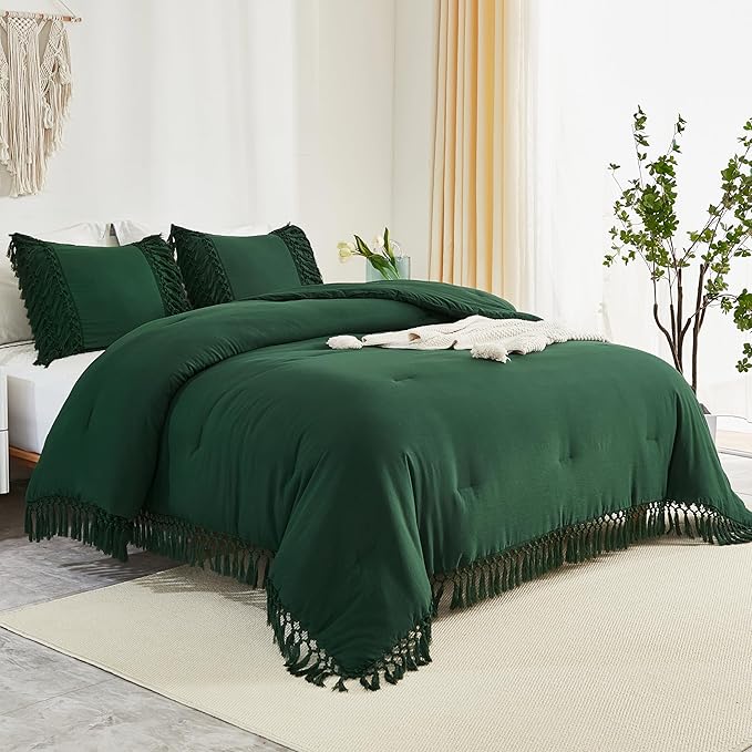 Andency Emerald Comforter Set California King, 3 Pieces Boho Tassel Lightweight Soft Bedding Comforter Sets for King Bed, All Season Fluffy Fringe Bed Set (104x96In Comforter & 2 Pillowcases)
