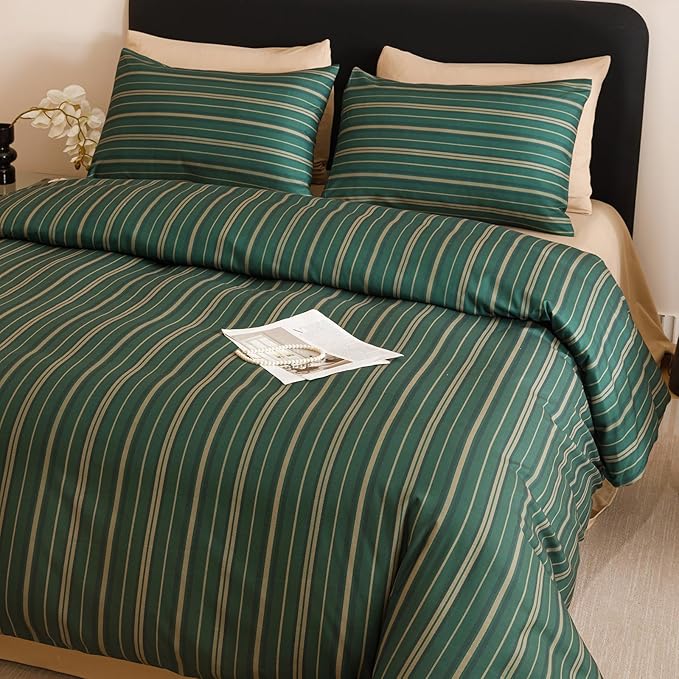 CLOTHKNOW Green Striped Queen Comforter Set Farmhouse Bedding Comforter Sets Ticking Comforter Queen Hunter Green Comforter Soft Boho