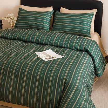 CLOTHKNOW Green Striped Queen Comforter Set Farmhouse Bedding Comforter Sets Ticking Comforter Queen Hunter Green Comforter Soft Boho