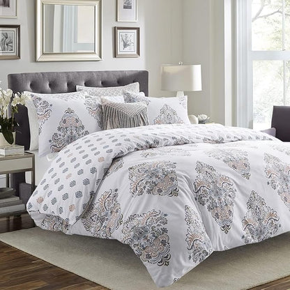 SLEEPBELLA Comforter Twin Size, 600 Thread Count Cotton Yellow & Blue Damask with Taupe Brown Reversible Pattern White Comforter Sets,Down Alternative Bedding Set 2Pcs (Twin, White Damask)