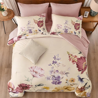 DJY 7 Pieces King Floral Comforter Set, Cream & Blush Botanical Bed in a Bag, Soft Microfiber Comforter and Sheet Set with Flower Leaves Pattern, Floral Bedding Set for All Season(104''x90'')