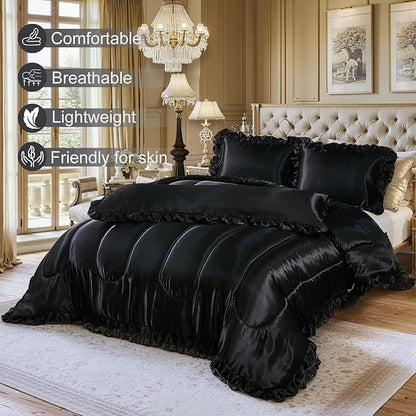 Black King Comforter Set Silk Like Satin Bedding Set Hotel Soft Polyester Black Bed Set Luxury Silky Body Pillow Cover with Quilt Set Ruffle Down Comforter Home Decor