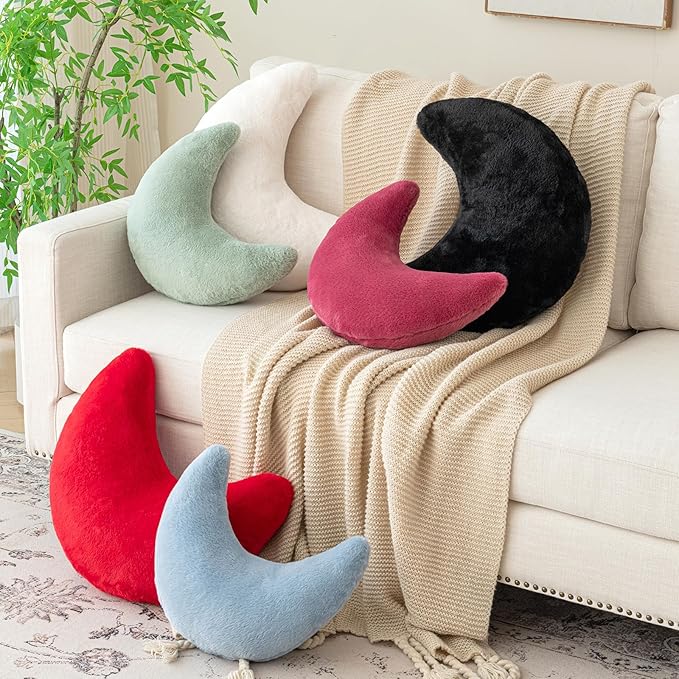 Moon Pillow, Decorative Throw Pillows with Soft Faux Rabbit for Bed Couch, Moon Shaped Pillows Plush Floor Cushions Room Decor Pillow for Sofa Bedroom Living Room