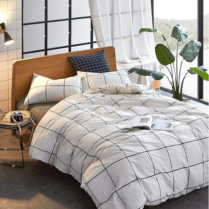 KAREVER White Grid Comforter Set Big Grid Bedding Set Full White Black Plaid Printed Stripes Women Checkered Comforters Bedding Set Girls White Grid Bed Blanket Set White Plaid Full Comforter