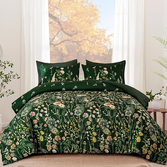 Yiran Comforter Set King Size Dark Green, 7 Piece Floral Flowers Comforter Bedding Set, Bed in a Bag King, Soft Microfiber Complete Bedding Set with Sheets for All Season
