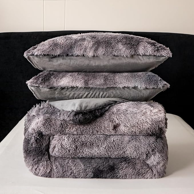 chovy Faux Fur Tie-Dyed Black Gray White Colorful Comforter Sets Queen - 3PC Bed Set Ultra Soft Plush Flannel Velvet Fluffy Fuzzy Bedding（Comforter x 1 Pillowcases x 2）