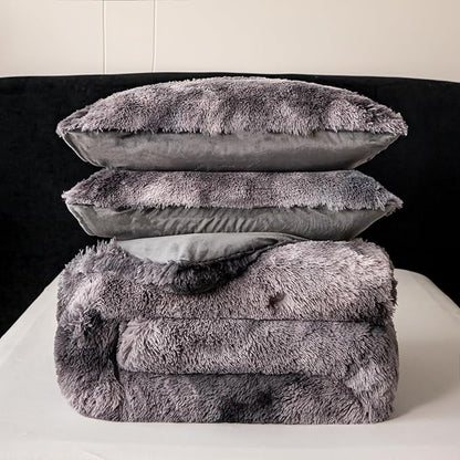 chovy Faux Fur Tie-Dyed Black Gray White Colorful Comforter Sets King - 3PC Bed Set Ultra Soft Plush Flannel Velvet Fluffy Fuzzy Bedding（Comforter x 1 Pillowcases x 2）