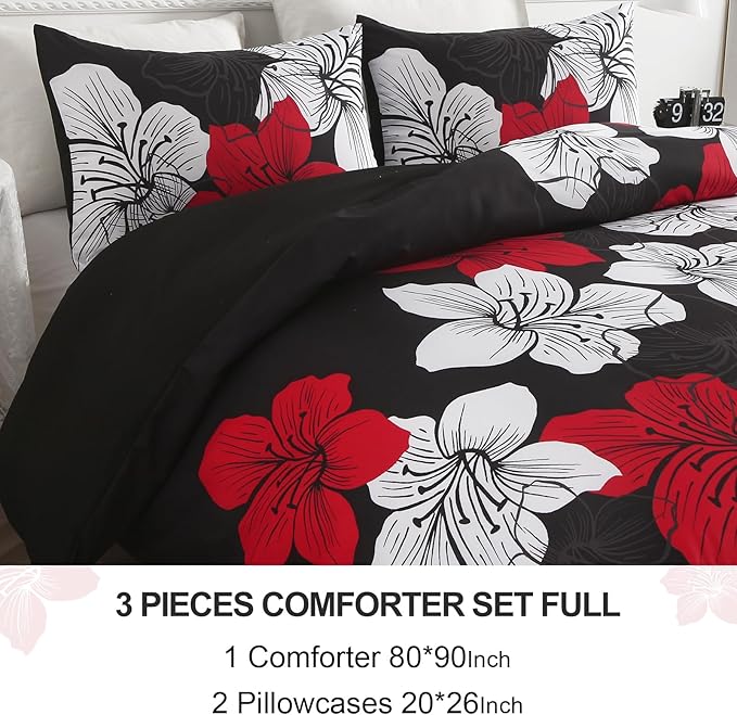 Menghomeus Black Comforter Set Full Red and White Floral Comforter with 2 Pillowcases Modern Bedding Sets Lightweight Boho Bed Set for All Season (1 Comforter, 2 Pillowcases)