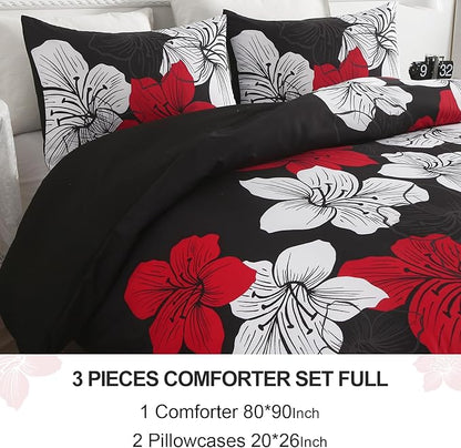 Menghomeus Black Comforter Set Full Red and White Floral Comforter with 2 Pillowcases Modern Bedding Sets Lightweight Boho Bed Set for All Season (1 Comforter, 2 Pillowcases)