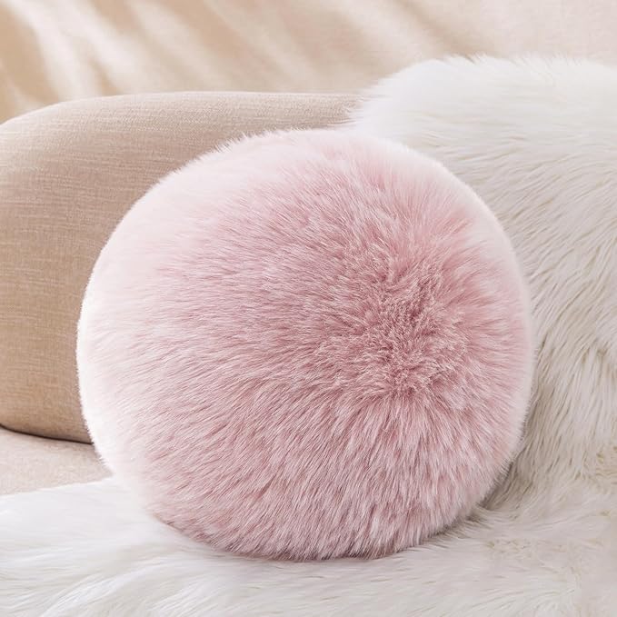 Ashler Plush Round Pillows, Ball Throw Pillow with Handle, Faux Fox Fur Luxury Soft Decorative Cushion, Modern Home Decor Fluffy Round Pillow for Sofa, Bed, Chair, Light Pink, 9 x 9 inch