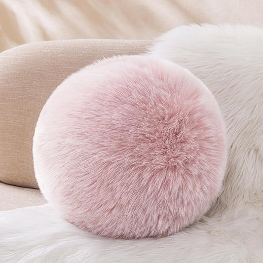Ashler Plush Round Pillows, Ball Throw Pillow with Handle, Faux Fox Fur Luxury Soft Decorative Cushion, Modern Home Decor Fluffy Round Pillow for Sofa, Bed, Chair, Light Pink, 9 x 9 inch