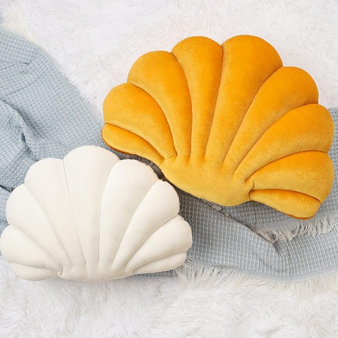 Yi-gog Seashell Pillow Sea Shaped Decorative Princess Throw Pillow 3D Velvet Soft Ocean Cute Throw Pillows for Bed Couch Chair Sofa Room 13.4 X 9.8 inch