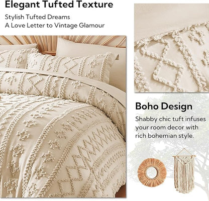 MR&HM Twin XL Comforter Set Beige, 5 Pieces Tufted Boho Beddding Sets, Farmhouse Style Bed in a Bag with 1 Comforter, 1 Pillow Sham, 1 Pillowcase, 1 Flat Sheet, 1 Fitted Sheet for College Dorm