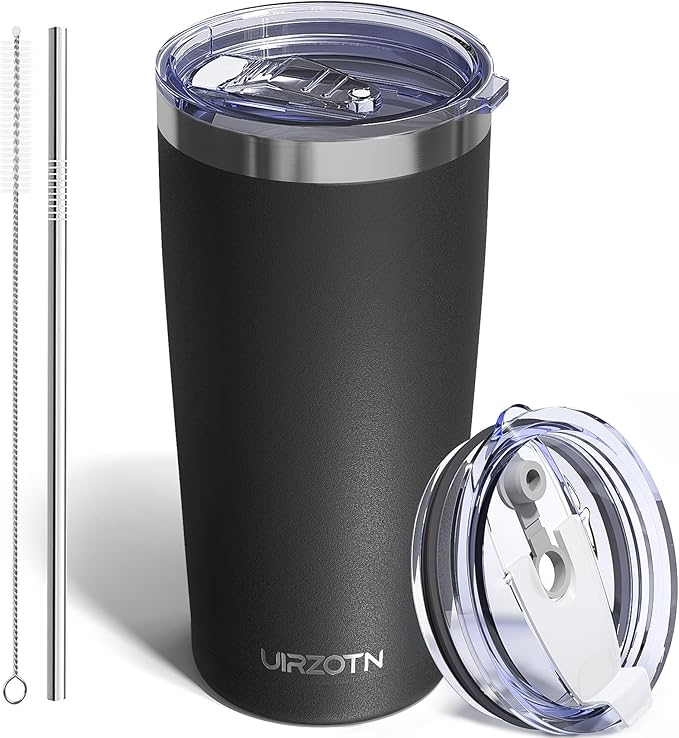 Travel Coffee Tumbler 20oz, Leakproof Travel Coffee Mug with Dual Lids and Straw, Stainless Steel Double Wall Vacuum Insulated Tumbler for Hot/Iced Drinks (Black, Textured Matte)