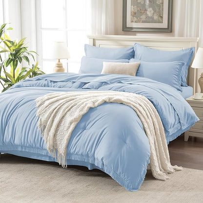 Andency Queen Comforter Set with Sheets Light Blue - 7 Pieces Boho Tassel Bed in a Bag Soft Lightweight Bedding Sets, Fringe Bed Set with Comforter, Sheets, Pillowcases & Shams