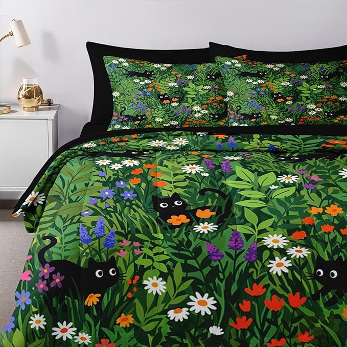 Nesker 7 Pcs Spring Comforter Set King Size, Black Cat Flower Bedding Set for Kids and Adults, Green Garden Bed Sheet Sets with Fitted Sheet 2 Pillowcases & 2 Shams