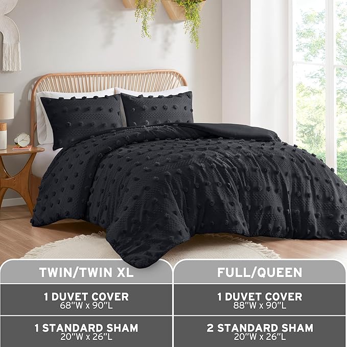 Intelligent Design Queen Duvet Cover Set, Clipped Jacquard Duvet Set Chic Pompom Accent, All Seasons Lightweight Microfiber Bed Cover for Comforter with 2 Shams, Lucy, Full/Queen, Black 3 Piece