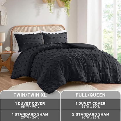 Intelligent Design Queen Duvet Cover Set, Clipped Jacquard Duvet Set Chic Pompom Accent, All Seasons Lightweight Microfiber Bed Cover for Comforter with 2 Shams, Lucy, Full/Queen, Black 3 Piece