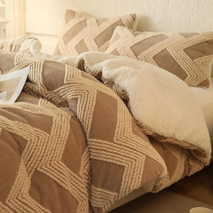Tufted Boho Comforter Set Twin - Beige Fluffy Sherpa Bedding Set, Soft Fuzzy Jacquard Quilt Set, 2 Pieces Cozy Bed Set Warm Comforter for Winter(68"X90")