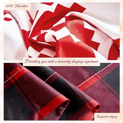 Tititada Christmas Red Bed in a Bag 7 Pcs King Size, Striped Snowflake Pattern Printed Bedding Comforter Set Warm for Winter(1 Comforter, 1 Flat Sheet, 1 Fitted Sheet, 2 Pillow Shams, 2 Pillowcases)