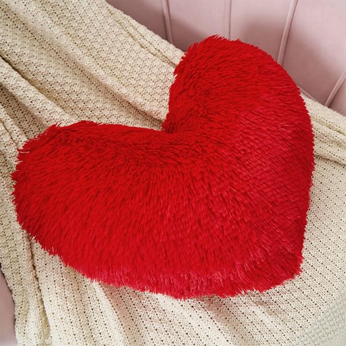 MOOWOO Red Heart Faux Fur Throw Pillow with Pillow Cover and Insert,Sherpa Plush Fluffy, Solid Color,Christmas Decorations,Valentines Day Decor, Heart Shape Gift for Girls,Love Pillow