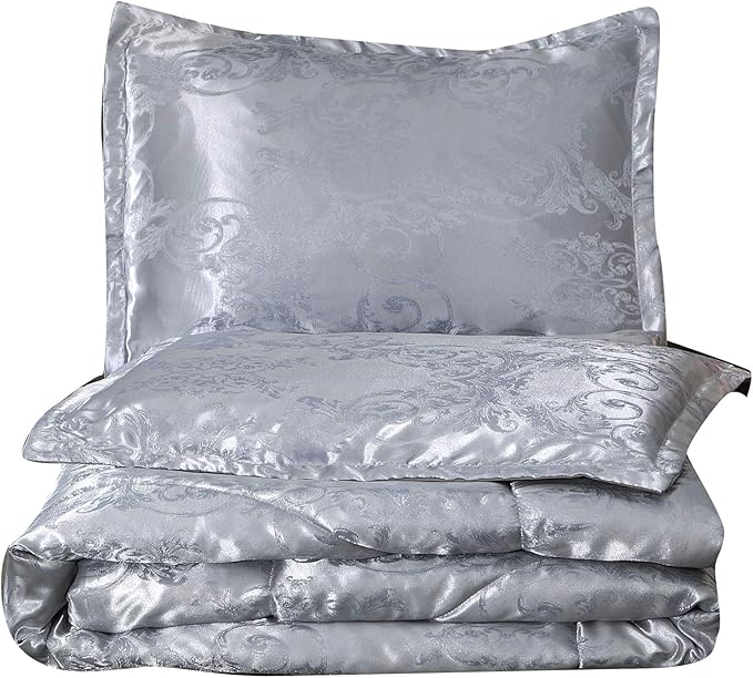 Twin Comforter, Silver Silk Jacquard Bedding Comforter Sets, 3 Pieces Grey Lightweight Quilt, All Season Comforter for Twin Bed, Ultra Soft Microfiber, Matching 2 Pillow Shams, Twin/Twin XL