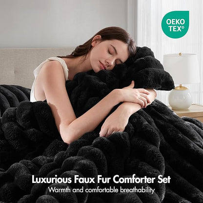 Madison Park Jasmine King Comforter Set, Luxurious Reversible Faux Fur Plush Ribbed Velvet Bedding, Fuzzy Thick Warm Winter Comforter, Super Soft Fluffy 3-Piece Set Black