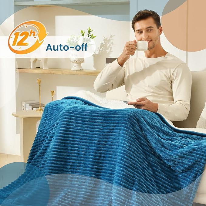 Bearhug Electric Heated Blanket, 62"x84" Ribbed Flannel & Sherpa Fast Heating Blanket, 10 Heating Levels & 1-12H Auto Off, Over-Heat Protect, ETL, Machine Washable