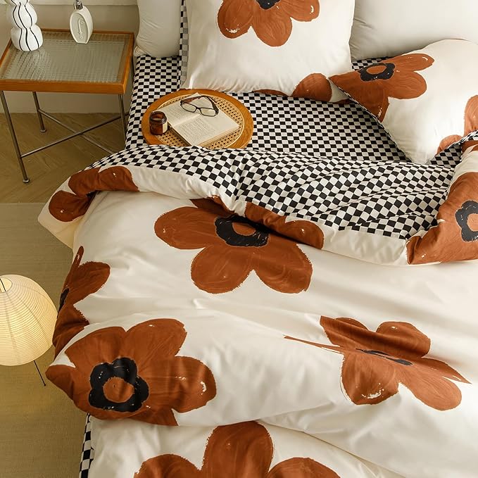 Wellboo Boho Floral Comforter Sets King Pumpkin Sunflower Bedding Set Cotton Women Girls White and Pumpkin Botanical Bed Brown Floral Quilts Large Flower Plant Blankets Watercolor Flower Bohemian Bed