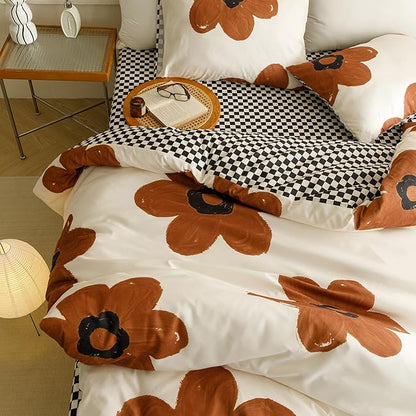 Wellboo Boho Floral Comforter Sets King Pumpkin Sunflower Bedding Set Cotton Women Girls White and Pumpkin Botanical Bed Brown Floral Quilts Large Flower Plant Blankets Watercolor Flower Bohemian Bed