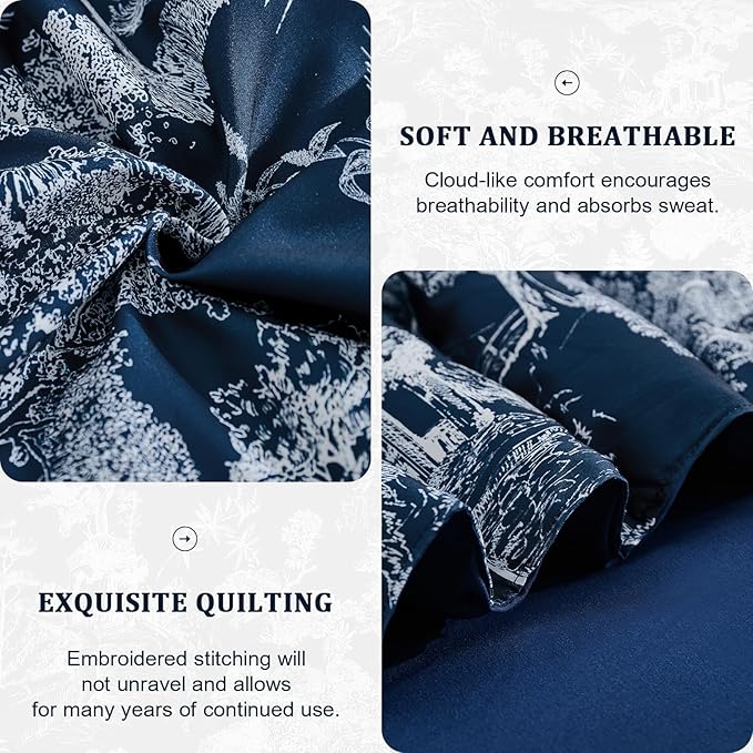 DJY King Size Comforter Sets, 7 Pieces Bed in a Bag King Navy Blue Botanical Comforter Set with Sheets, White Elegant Plants Print Soft Microfiber Reversible Complete Bedding Sets for All Season