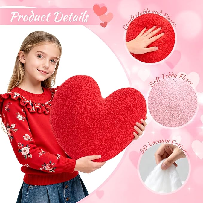 3 Pcs Heart Shaped Throw Pillows Set, Soft Teddy Fleece Plush Decorative Cushions in Red Pink White, Cute Aesthetic Accent Pillows for Sofa Couch Bed Bedroom Apartment Dorm Room Decor