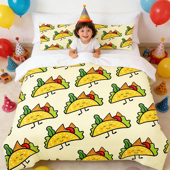 Kids Sandwich Comforter Set Twin Size, Yellow Food Bedding Set for Cute Cartoon Children Bedroom Decor, 68'' x 86''