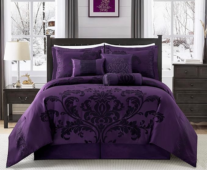 Chezmoi Collection 7-Piece Jacquard Floral Comforter Set (California King, Purple/Dark Purple)
