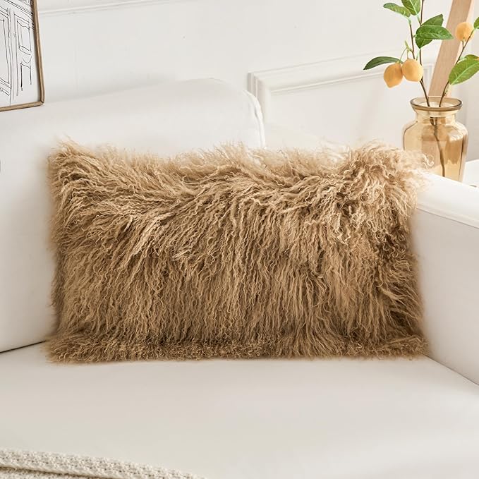 Genuine Mongolian Lamb Fur Pillow Cover – 12"x20" Rectangular Cushion Case – Soft Curly Wool Decorative Accent for Sofa, Bed, or Chair(Dark Beige)