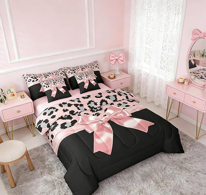 Feelyou Pink Silk Bowknot 7 Piece Bedding Set Twin Size Grey Leopard Comforter Set with Sheets for Kids Girls Women Black Pink Bed in a Bag Sweet Romantic Bed Set