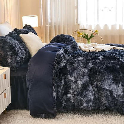 Andency Faux Fur Tie-Dyed Black Blue Comforter Set Full Size, 3 Pieces Fluffy Fuzzy Plush Bedding Comforter Set (1 Shaggy Velvet Comforter & 2 Pillowcases), Soft Puffy Down Comforter Bedding Set