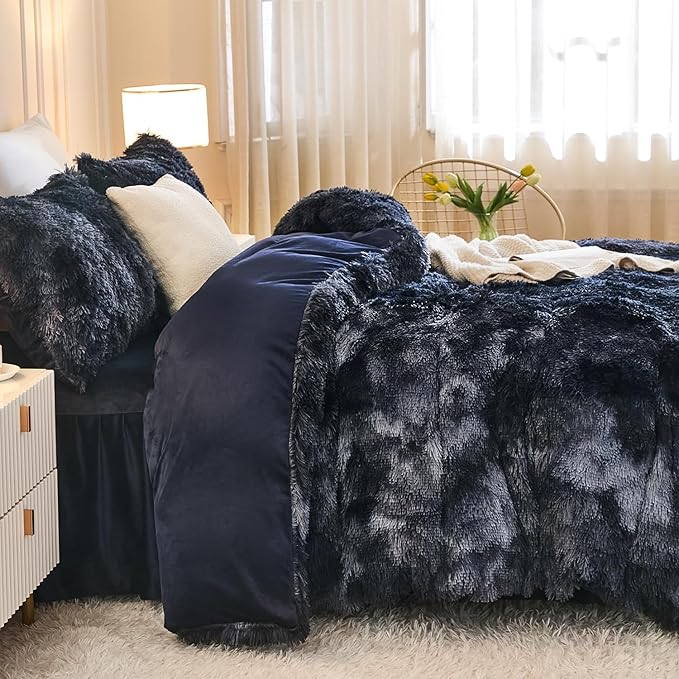 Andency Faux Fur Tie-Dyed Black Blue Comforter for Queen Size Bed, 3 Pieces Fluffy Fuzzy Plush Bedding Comforter Set (1 Shaggy Velvet Comforter & 2 Pillowcases)
