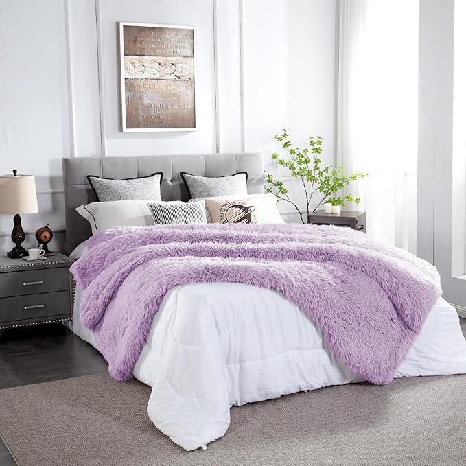 JONIYEAR Oversized Decorative Fluffy Faux Fur Throw Blanket Twin Size 60" x 71", Soft Luxury Lightweight Furry Blankets, Accent Cozy Shaggy Plush Thick Warm Fuzzy Blanket for Winter Bed Sofa, Purple
