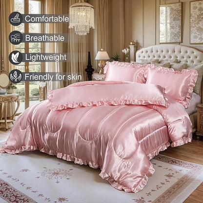 Satin King Comforter Set Silk Like Satin Bedding Set Hotel Soft Polyester Pink Bed Set Luxury Silky Pillow Cover with Quilt Set Ruffle Down Comforter Home Decor