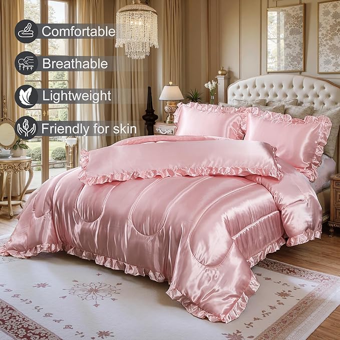 Satin Queen Comforter Set Silk Like Satin Bedding Set Hotel Soft Polyester Pink Bed Set Luxury Silky Pillow Cover with Quilt Set Ruffle Down Comforter Home Decor