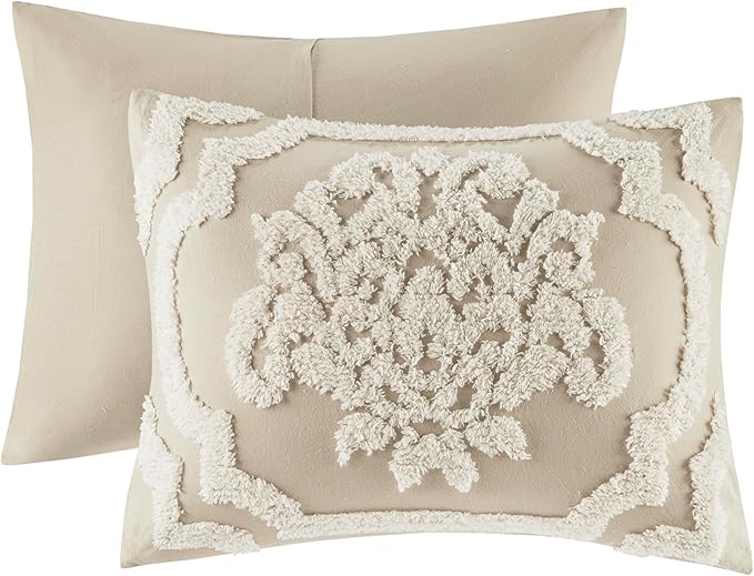 Madison Park Tufted Chenille Cotton Comforter, All Season Bedding Set, Matching Shams, Viola, Damask Taupe King/Cal King(104"x92") 3 Piece