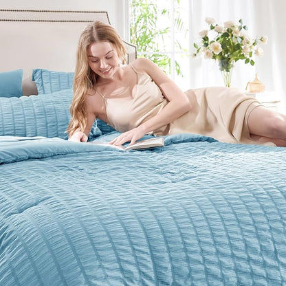 CozyLux Full Size Comforter Sets with Sheets Seersucker 7 Pieces Sky Blue Bed in a Bag Textured Luxury Soft Bedding Set with Down Alternative Comforter, Sheets, Pillowcases & Shams for All Seasons