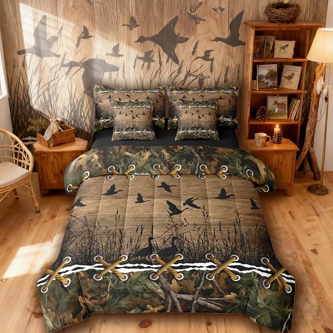 Erosebridal Duck Camo Comforter Set Twin Comforter Set with Sheets | Mallard Duck 7-Piece Bedding Set Mens Country Camo Bed in a Bag, Farmhouse Woodland Animals Bed Sets,Wildlife Cabin Hunting Decor