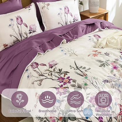 WONGS BEDDING Queen Comforter Set 7 Piece, Purple Floral Bed in a Bag Bedding Set with Botanical Flowers Patterns, Soft Lightweight Complete Comforters with Sheets for All Season